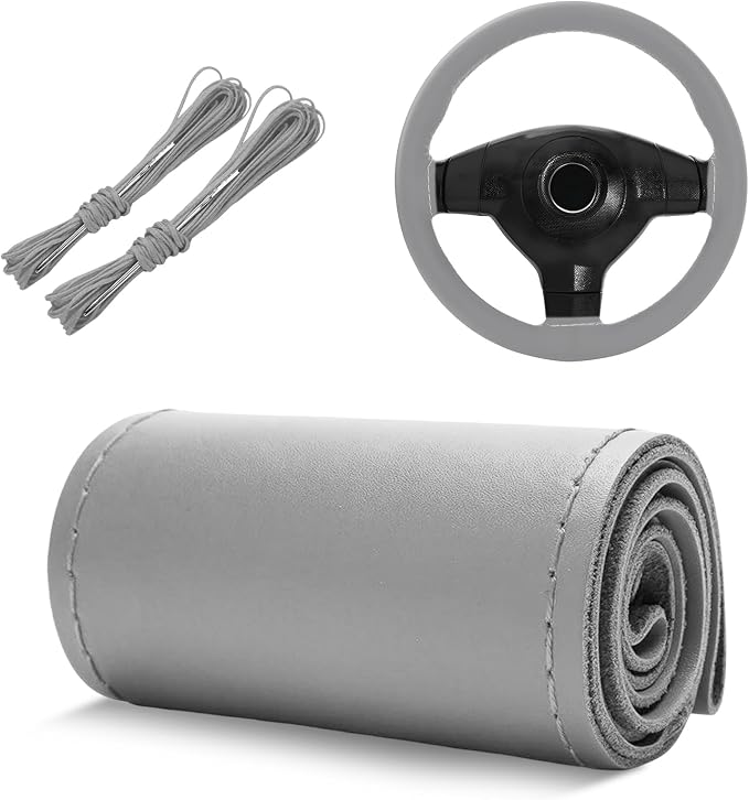 Genuine Leather Steering Wheel Cover, 15 Inch Stitch on Wheel Wrap with Needles & Threads, Breathable Steering Wheel Protector DIY Sewing Wrap for Car Truck SUV (Gray, Glossy)