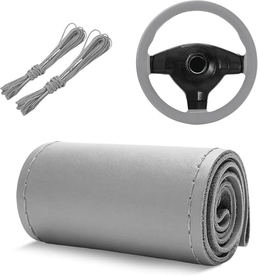 Genuine Leather Steering Wheel Cover, 15 Inch Stitch on Wheel Wrap with Needles & Threads, Breathable Steering Wheel Protector DIY Sewing Wrap for Car Truck SUV (Gray, Glossy)