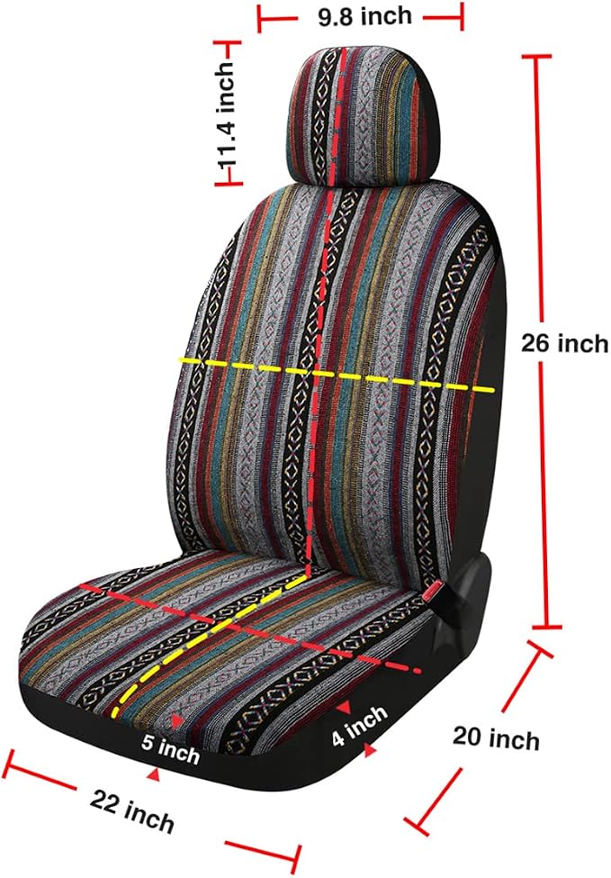 Baja Saddle Blanket Car Seat Covers 4PCS Front, Breathable and Washable Striped Woven Automotive Vehicle Seat Cover, Universal Seat Cover for Sedan, SUV, Truck, Airbag Compatible