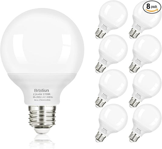 Brtstiun G25 LED Light Bulb, Round Vanity Light Bulbs for Bathroom, 40W Equivalent, Soft White 2700K, E26 Base Globe Light Bulbs, 600LM, Non-Dimmable, 8-Pack