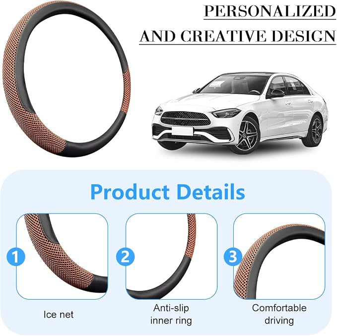 Car Steering Wheel Cover, 14.5-15" Microfiber Leather Ice Silk Breathable Non-Slip Steering Wheel Protector, Cool Auto Interior Decor Accessories, Universal for Truck SUV Van (Coffee)