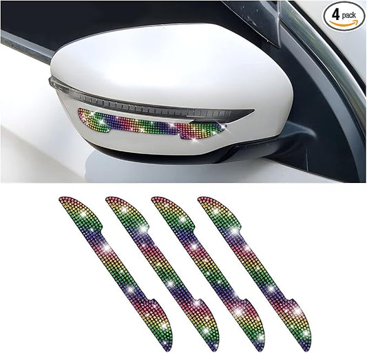 4PCS Bling Car Rear View Mirror Anti-Scratch Stickers Protector, Rhinestone Auto Door Handle Edge Guards, Crystal Anti-Collision Strip Decal, Car Exterior Decoration Accessories for Women Men (Color)