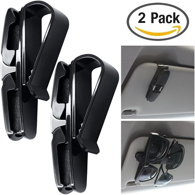 FineGood 2 Pack Glasses Holders for Car Sun Visor, Sunglasses Eyeglasses Mount with Ticket Card Clip - Black