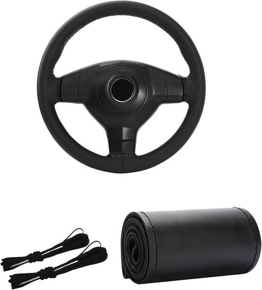 Kewucn Genuine Leather Steering Wheel Cover, 15" Universal Car Steering Wheel Protector with Needle Thread, Breathable Anti-Slip Steering Wheel Cover DIY Stitch on Wrap (Black, Glossy)