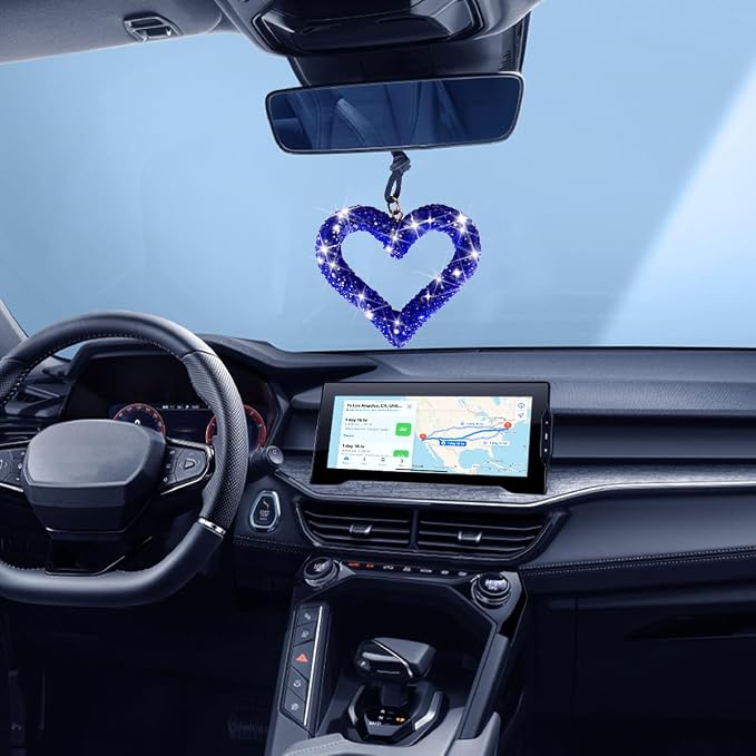 Mandark Bling Heart Car Hanging Accessories, Crystal Rhinestone Vehicle Rear View Mirror Charm Pendant Ornaments, Cute Diamond Auto Interior Hanger Decoration for Women Girls（Dark Blue）