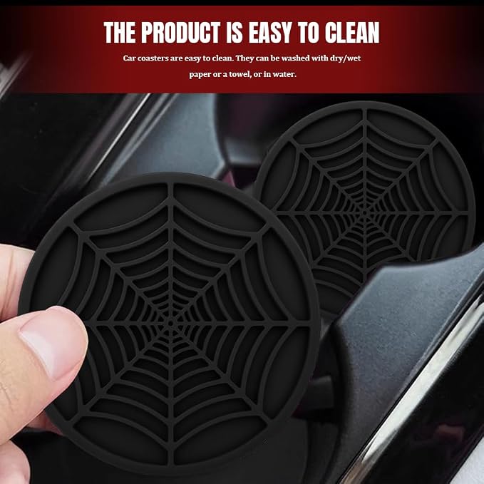 4PCS Car Cup Holder Coaster, Car Cup Insert, 2.75 inch Silicone Anti Slip Spider Web Auto Coaster, Automotive Interior Accessories Car Drink Coasters Cute Fit for Women and Men (Black)