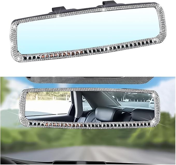 Bling Car Rear View Mirror, Rhinestones Crystal Clip-on Rearview Mirror with HD Glass, Compatible with Most Cars, SUVs, Vehicles, Auto Interior Accessories for Women Girl (Silver)