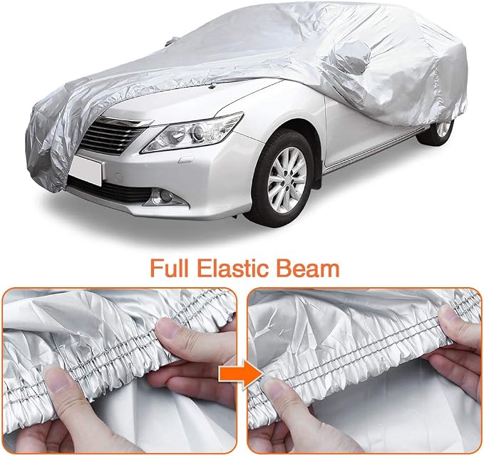 uxcell 3XXL Silver Tone 190T Car Cover Outdoor Weather Waterproof Scratch Rain Snow Heat Resistant W Mirror Pocket 530 x 185 x 160cm