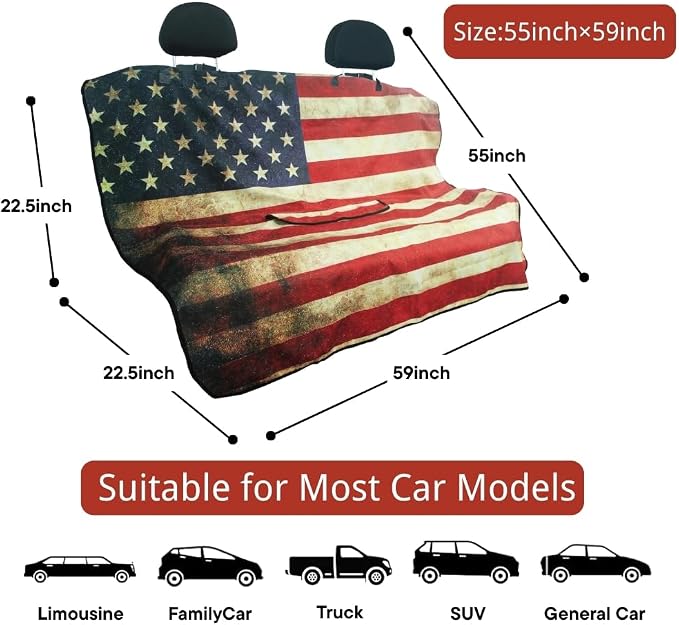 Waterproof Back Seat Cover for Dogs and Kids, Car Seat Protector Under Baby Car Seat, Child and Dog Car Seat Cover Blanket for Rear Bench(American Flag Red, Rear Bench Seat Towel)