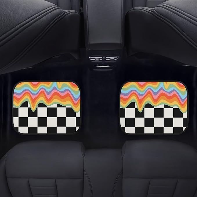 Rainbow Black White Plaid Print Car Floor Mats Set of 4 Checkered Universal Vehicle Floor Carpet Decorative Auto Front Rear Foot Rugs for Trucks SUV Sedan