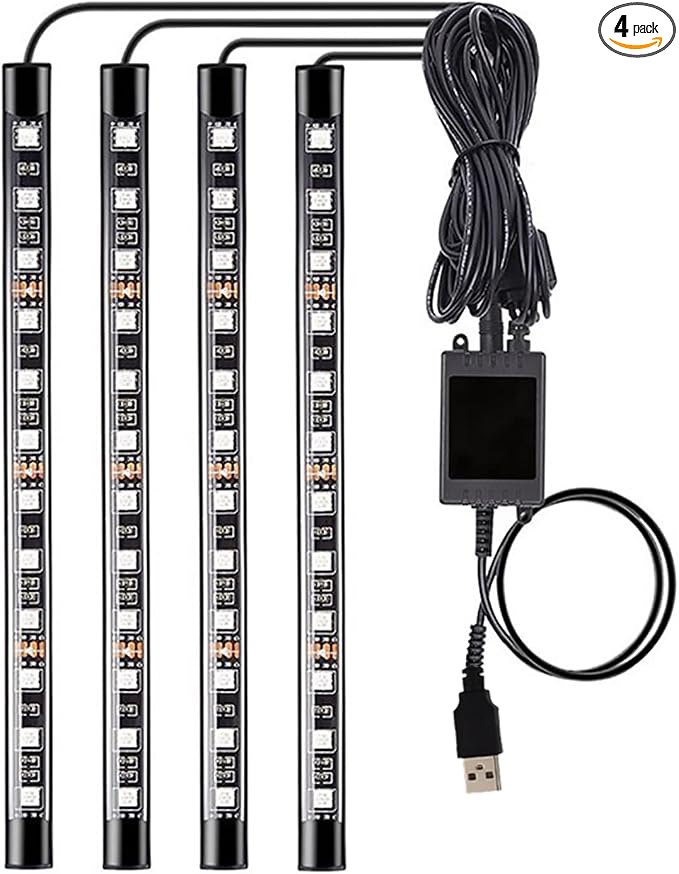 Led Interior Car Lights, Controller Led Lights for Cars, Multicolor Music Underglow Lighting Kits with Wireless Control and Sound Active Function, 4pcs 48 USB LED Interior Lights, DC 5V