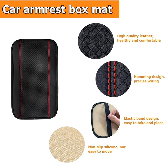 8sanlione Car Armrest Storage Box Mat, Fiber Leather Car Center Console Cover, Car Armrest Seat Box Cover Accessories Interior Protection for Most Vehicle, SUV, Truck, Car (Black/Red)