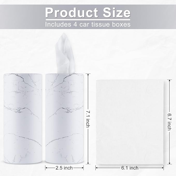 SINGARO Car Tissue Holder, 4 Pack Car Cup Holder Facial Tissues with Travel Tissue Bag, Quick and Convenient Flower Combination Car Tissue Box(4 Canisters/200 Tissues) White