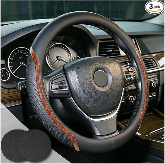 Black Steering Wheel Cover Wood Grain Leather Universal 14.5"-15" | Wood Car Steering Wheel Covers with Coasters Microfiber Breathable Anti-Slip Durable Steering Wheel Accessories Set