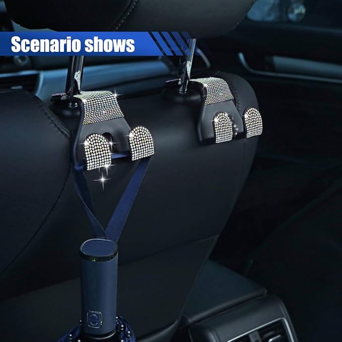 2PCS Car Seat Headrest Hooks, Shiny Crystal Hanger Holder, Backseat Hanger Storage Organizer, Bling Rhinestone Car Purse Hook, Car Accessories for Women Universal for SUV Truck Vehicle (AB Color)