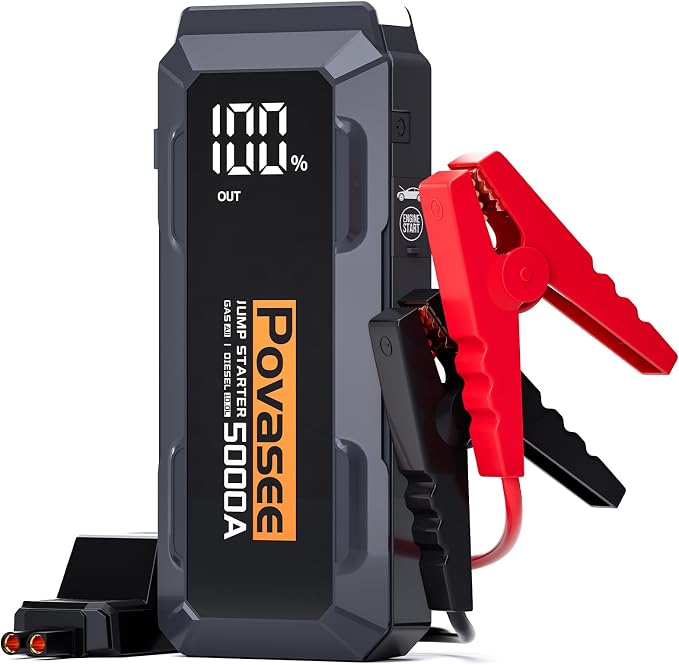 5000A Jump Starter | Povasee A40 Car Battery Jump Starter, 12V Portable Power Pack for All Gas & 10L Diesel Engines, with 3" LCD Display, Dual USB Output & Multi-Mode LED Light