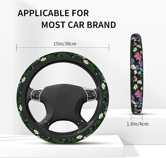 Floral Sage Green Daisy Steering Wheel Cover For Women Men Girls, Universal 15 Inch Anti Slip Steering Wheel Protector Car Accessories Interior For Auto Truck Suv