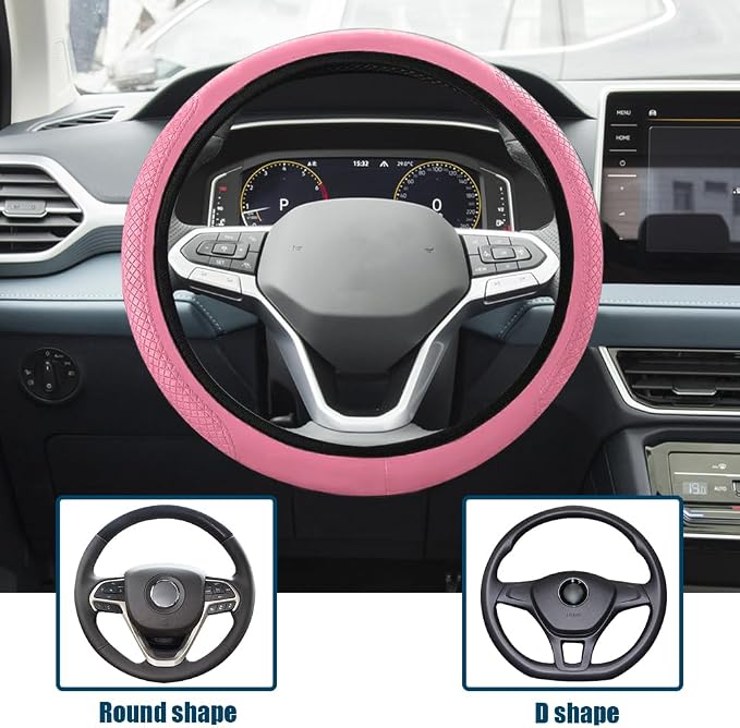 Car Steering Wheel Cover, Universal 14.5-15 Inch Pink Leather Steering Wheel Wrap with Better Sport Grip for Men Women, Anti-Slip Breathable Car Interior Accessories for Most Vehicles (Pink2)