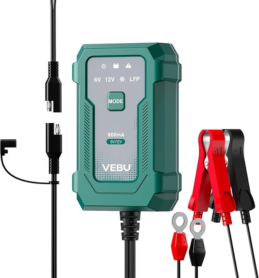 Motorcycle Trickle Charger 800mA Smart Battery Charger & Maintainer - Automatic for 6V/12V Lead Acid/Lithium Batteries, Plug & Play for Car Motorcycle Boat RV