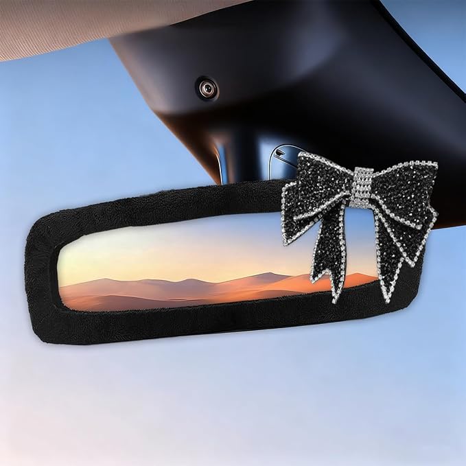 Bling Bow Car Rearview Mirror Cover, Plush Rhinestone Auto Rear View Mirror Elastic Protector, Universal Vehicle Interior Mirrors Edge Decoration Accessory for Cars, SUVs, Trucks (Diamand)