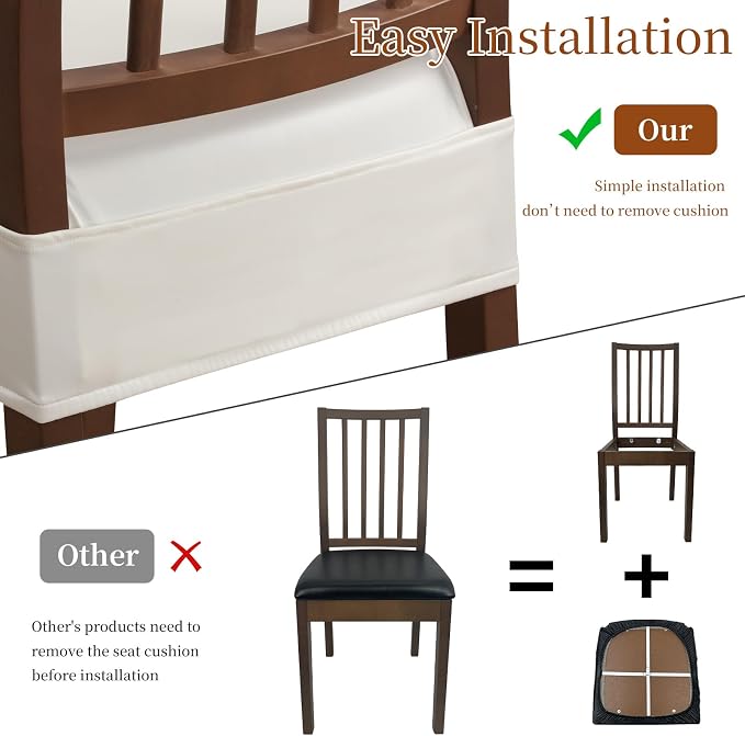 Waterproof Dining Chair Seat Covers Leather Kitchen Seat Covers, Stain Resistant Stretch Chair Seat Covers for Dining Room Chairs Set of 6, Rear Covered Washable Dining Chair Covers Cream