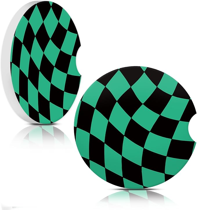Black Green Checkerd Car Coasters for Cup Holder Absorbent Ceramic Cup Coaster 2 Pack Anti Slip Car Interior Accessories with Finger Notch Cork Base for Women Men 2.56"
