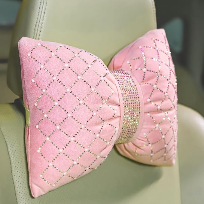 Carwales Car Headrest Pillow Pink Sparkly Bling Rhinestone Accessories for Women Bow Seat Neck Support Pillow for Travel Driver Chair Head Rest 2pcs