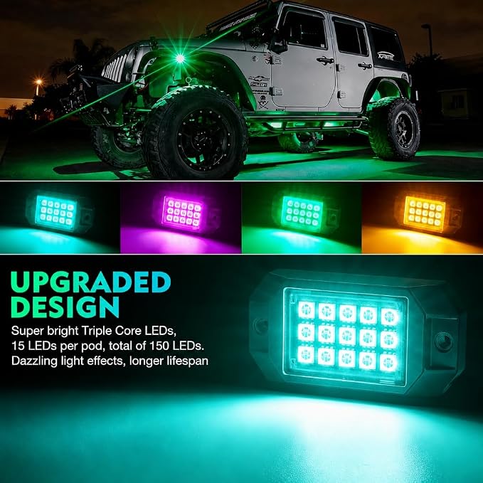 Xprite Bluetooth LED Rock Lights Kit, Multicolor Neon Accent Music Visibility Lighting Underglow Kits with RF Controller for Off-Road, Trucks, Cars, UTV, ATV, SUV, RZR, Motorcycles, Boats - 10 PCS