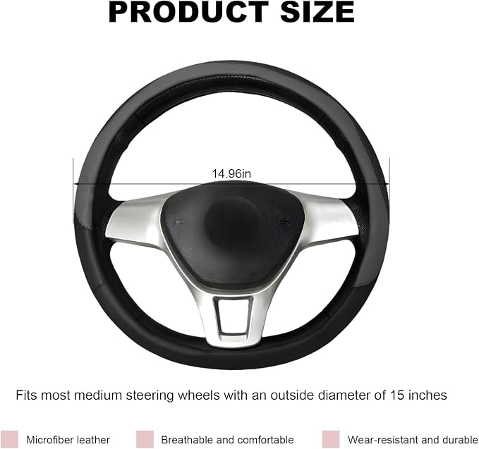 Leather Steering Wheel Cover, Anti-Slip Full Surround Car Wheel Protector with Comfortable Grip, Universal Elastic Decorative Cover Fit for 14 1/2-15 Inch Steering Wheels (Gray)