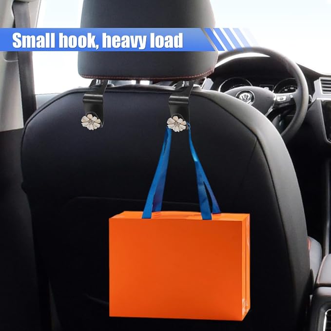 Craedli 2PCS Bling Car Seat Headrest Hook, Cute Rhinestone Flower Seat Back Storage Organizer Hanger Car Purse and Bag Hooks Holder, Universal Interior Accessories for Handbag Grocery Bag Coat (White)