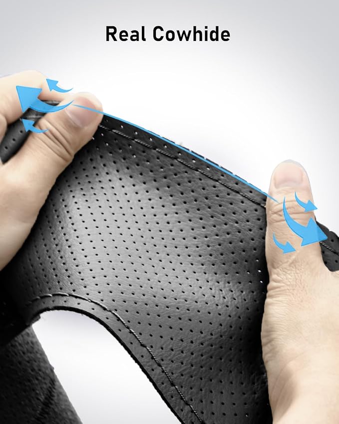 Belinous Perforated Leather Car Steering Wheel Cover (Size S3, Black) | Stitch On Wrap, Universal fit 13-20 Inch, Whole Piece of Cowhide, DIY w/Needle Thread, Breathable Anti-Slip Design