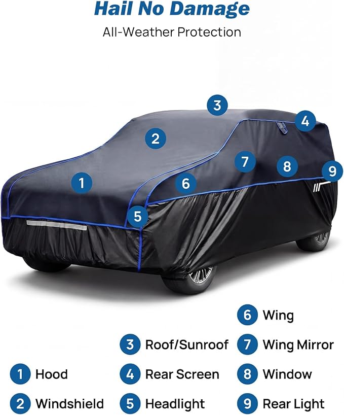 JOYTUTUS Hail Protector Car Cover for SUV (182-191 in), Thick EVA Padded Anti-Hail Cover, Waterproof All Weather Hail Protection Car Cover