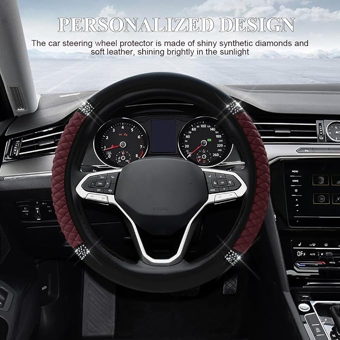 Bling Soft Leather Steering Wheel Cover, 15 Inch Colorful Rhinestones Auto Elastic Steering Wheel Protector for Women Girls, Car Accessories Anti Slip Steering Wheel Cover for Cars, SUVs (Wine red)
