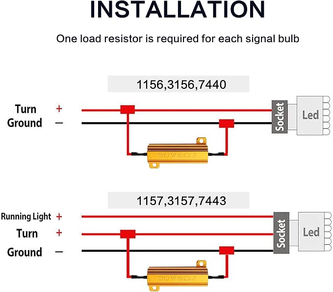 10Pcs 50W 3/6/8/9/12 Ohm 12V Led Load Resistors, Resistors for LED Lights, Led Load Equalizer, for Turn Signal Lights & Tail Lights, Fix Hyper Flash Blink Error, with 20pcs Quick Wire Clip