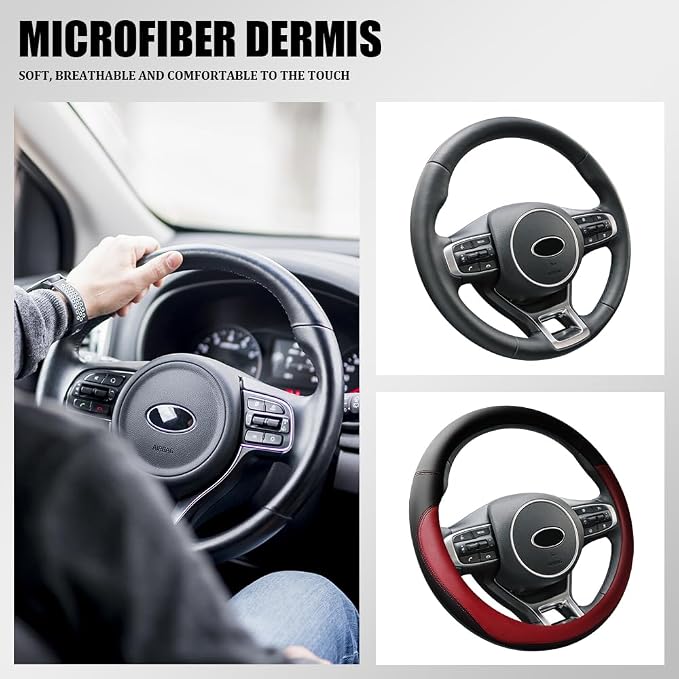 Car Steering Wheel Cover, 15 Inch Napa Leather Car Steering Wheel Protector, Slip-Resistant Elastic Steering Wheel Handle Cover, Universal Interior Accessories for Cars Trucks SUVs (Wine Red)