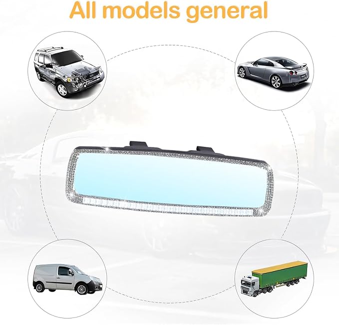 Osilly Bling Car Rearview Mirror, Decorations Rear View Mirror with Crystal Rhinestones & Diamonds, Car Interior Trim Accessories, Clip-on & HD Glass, Sparkly Gift (White)