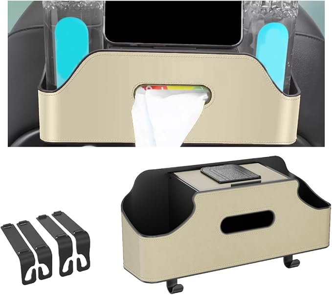 Car Headrest Backseat Organizer, Multi-Functional Vehicle Headrest Hanging Storage Box with Hook Cup Phone Holder Tissue Box, Universal Automotive Interior Seat Back Organizer (Beige)