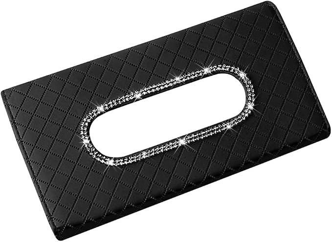 Bling Car Visor Tissue Holder, Crystal Rhinestones Vehicle Sun Visor Hanging Napkin Organizer Case with Ergonomic Take Out Port, Automotive Interior Tissue Dispenser, Universal Fit (Black)