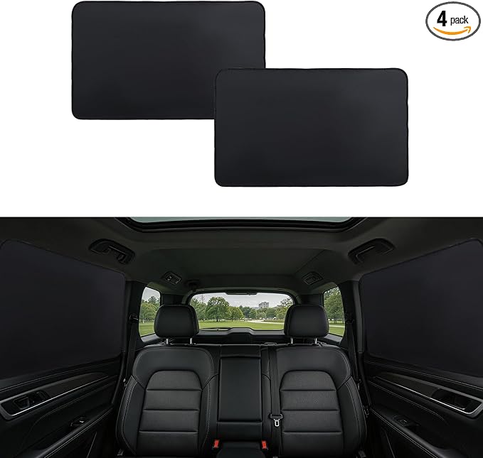 XCBYT Car Side Window Shades for Back Seat Windows, 100% Blackout, 4 Pack | Heat & UV protection, Privacy for camping, baby sleep, work break, road trip. Fits steel frames only, measure size before buy