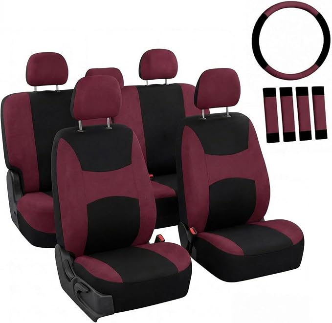 FH Group Car Seat Covers Full Set Cloth,Universal Fit combo,Washable Automotive Seat Covers,Low Back Front Seat Covers,Airbag Compatible,Split Bench Rear Seat for SUV,Sedan,Van Burgundy
