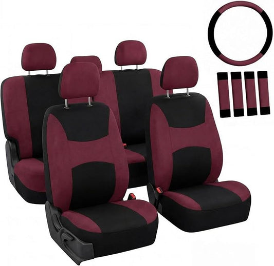 FH Group Car Seat Covers Full Set Cloth,Universal Fit combo,Washable Automotive Seat Covers,Low Back Front Seat Covers,Airbag Compatible,Split Bench Rear Seat for SUV,Sedan,Van Burgundy