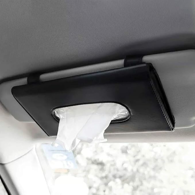 Visor Tissue Box Holder - PU Leather Van Truck Vehicle Car Tissues Case Dispenser for Backseat and Sun Visor, Refill Paper Included (Black)