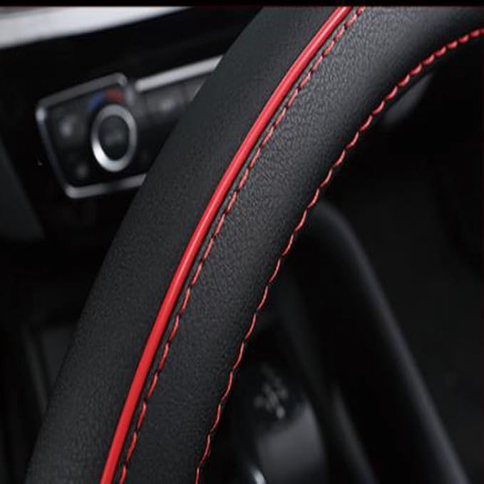 SHIAWASENA Auto Car Steering Wheel Cover, Universal 15 Inch Fit, Soft Leather, Breathable Anti Slip (Black&Red)