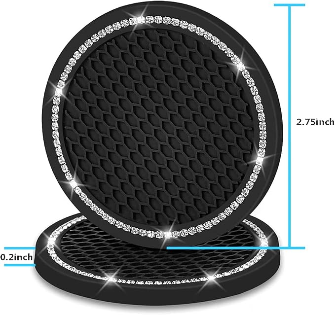 Car Coasters for Cup Holders, 2.75 Inch Auto Cup Holder Insert Coasters Silicone Anti-Slip Crystal Rhinestone Cute Drink Car Cup Mat, 4PCS Bling Car Accessories for Women & Lady (Black)