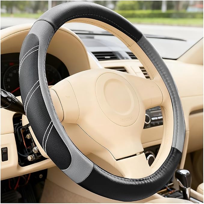 Car Steering Wheel Cover, 15 Inch Leather Breathable Auto Wheel Protection Cover with Non-Slip Lining, Padded Soft Grip Vehicle Steering Protector, Universal Fit (Black/Gray)