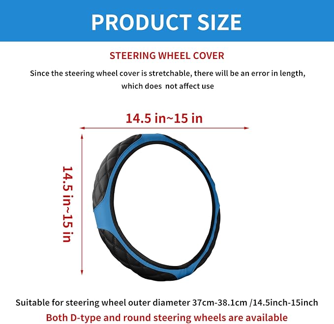 15 Inch Leather Steering Wheel Cover, Automotive Accessories Breathable Anti-Slip Elastic Soft Wheel Protector, Fit for Most SUVs Trucks and RVs (Blue)