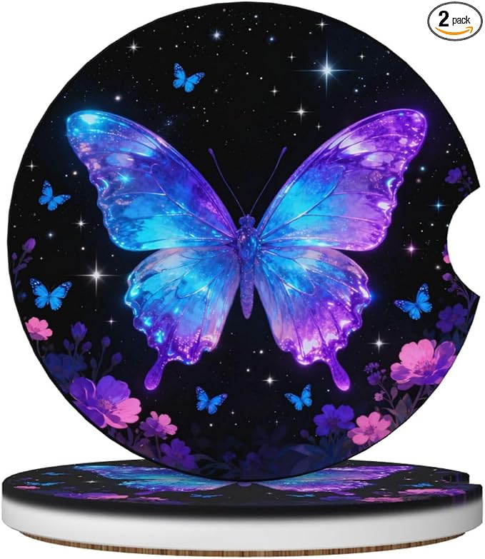 Butterflies Starry Sky Flowers Shimmering 2 Pack Car Cup Holder Coasters Absorbent Ceramic Drink Coasters 2.56" Anti Slip Cup Mat with Cork Base and Finger Notch Auto Accessories for Women Men