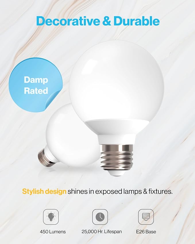 Sunco 16 Pack G25 LED Light Bulbs Globe Bathroom Light Bulb, 450 LM, 4000K Cool White, 6W (40W Equivalent), Dimmable, Mirror Vanity Decorative Bulb, E26 Base, UL