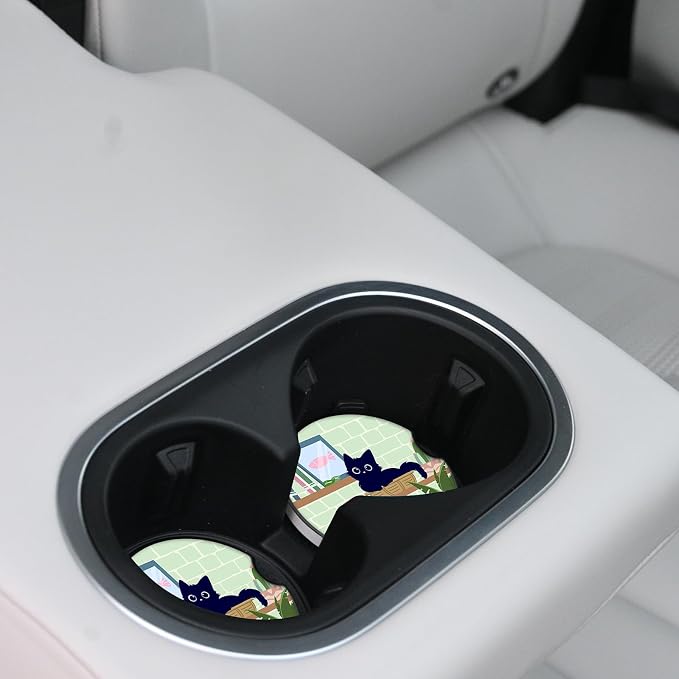 Ceramic Cup Holders Car Coasters Set for Women/Men,Drink Cup Car Holder Coasters with A Finger Notch 2.56" Pack of 2（Cute Black Cat 2）