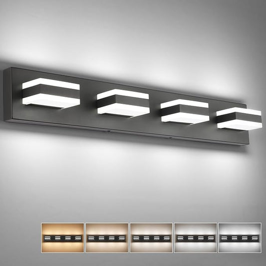 SOLFART 4 Lights Bathroom Vanity Lighting Over Mirror,5 Color Temperature Adjustable Matt Black Vanity Light, LED Light Fixtures, Light Over Mirror ETL Listed